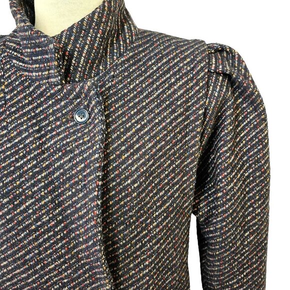 70s Peabody House Double Breast Coat Puff Slv Navy Blue Tweed Stripe Women 13/14 - Picture 2 of 13